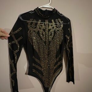 Black and Gold Bedazzled Mesh/Sheer Long Sleeve Bodysuit